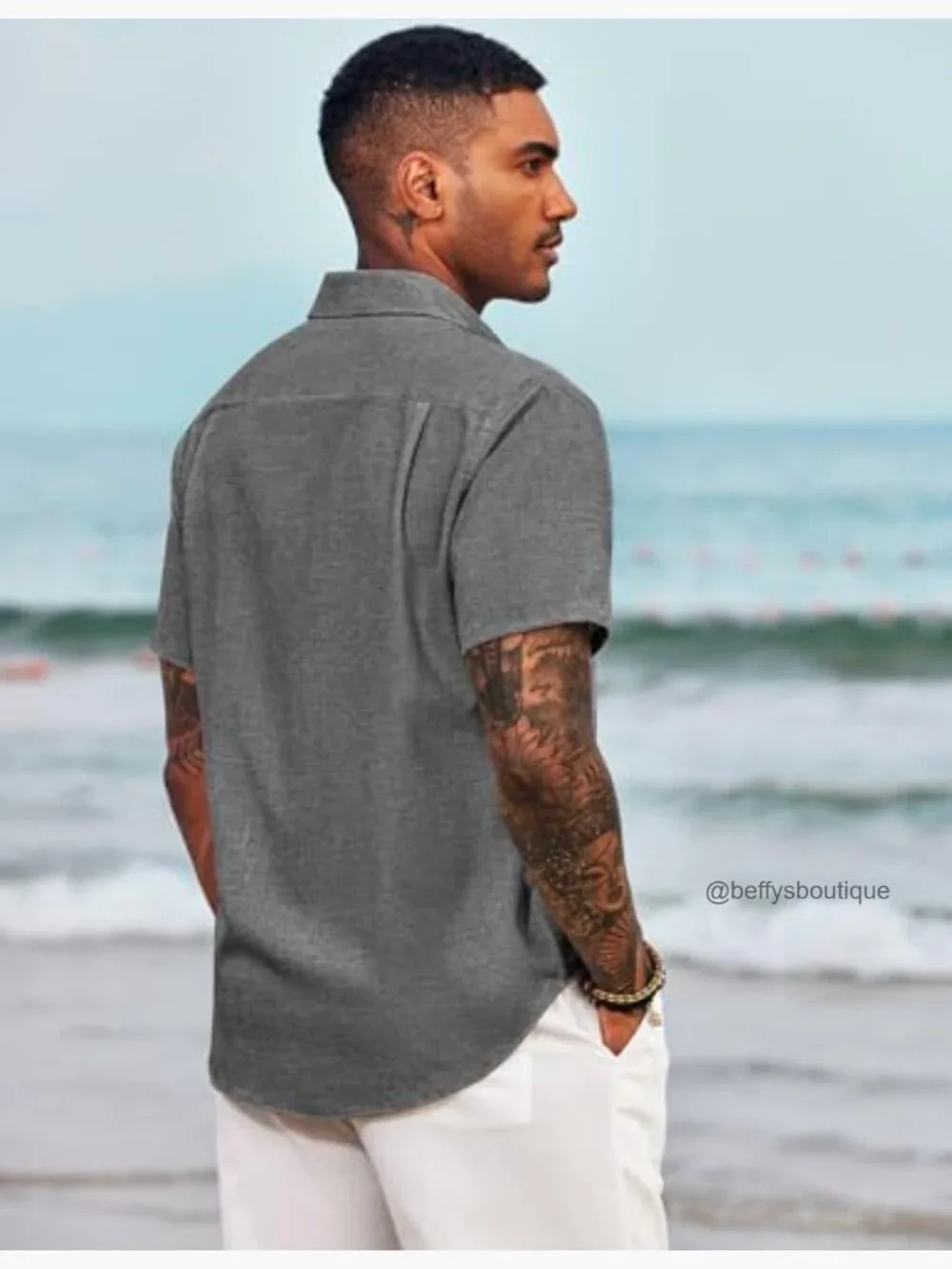 Men's Linen Button Down Shirt Short Sleeve Casual Summer Beach - Picture 4 of 7